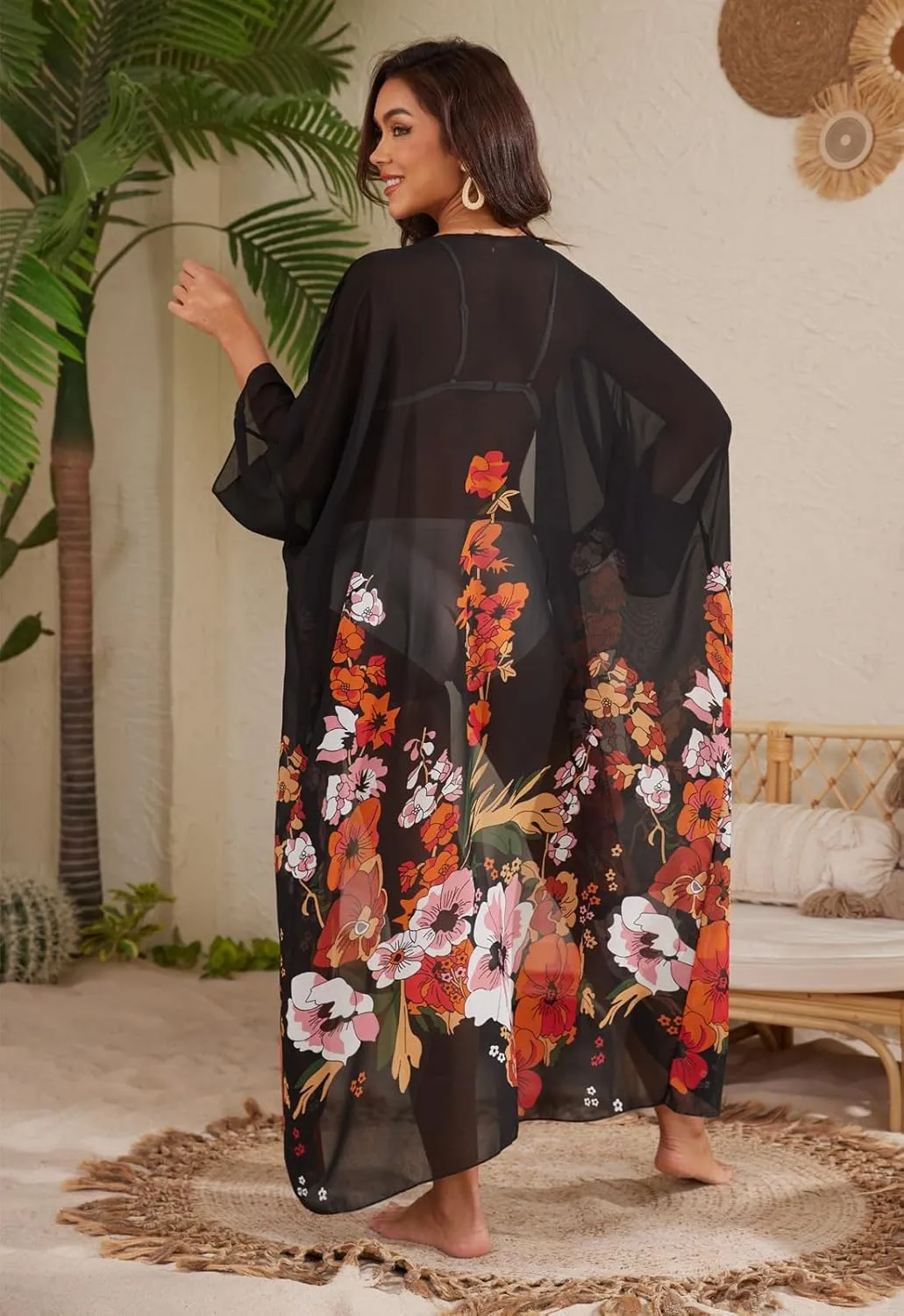 Jayscreate Women's Chiffon Kimono Cardigans Lightweight Batwing Summer Casual Long Boho Sheer Cardigan for Women Coverup Tops