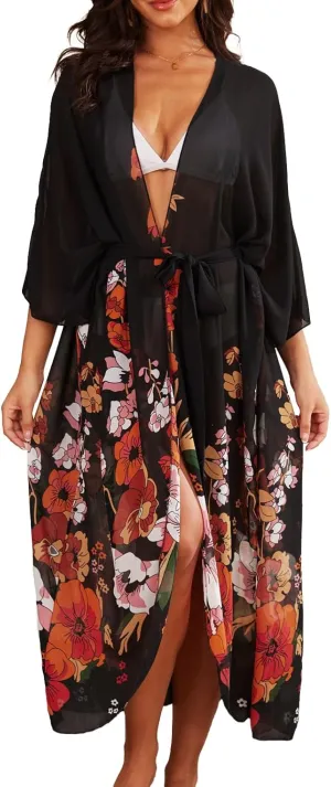 Jayscreate Women's Chiffon Kimono Cardigans Lightweight Batwing Summer Casual Long Boho Sheer Cardigan for Women Coverup Tops
