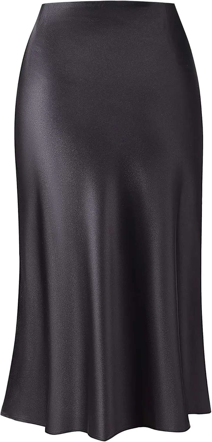 Keasmto Leopard Skirt for Women Midi Length High Waist Silk Satin Elasticized Cheetah Casual Ladies Skirts