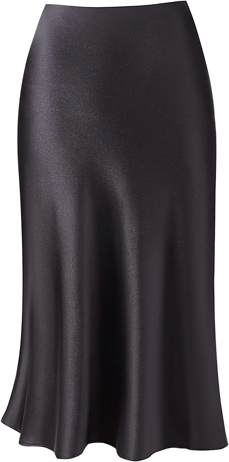 Keasmto Leopard Skirt for Women Midi Length High Waist Silk Satin Elasticized Cheetah Casual Ladies Skirts