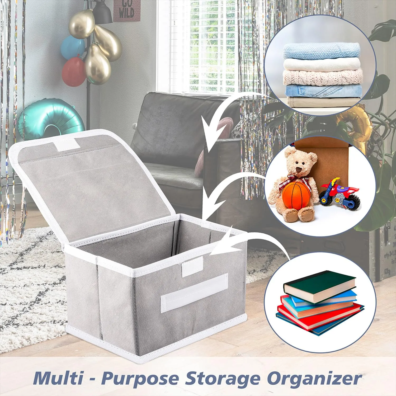 Kuber Industries Drawer Storage Box | Plain Dhakkan Storage Box | Non-Woven Clothes Organizer For Toys | Storage Box with Handle | Medium | Pack of 3 | Gray