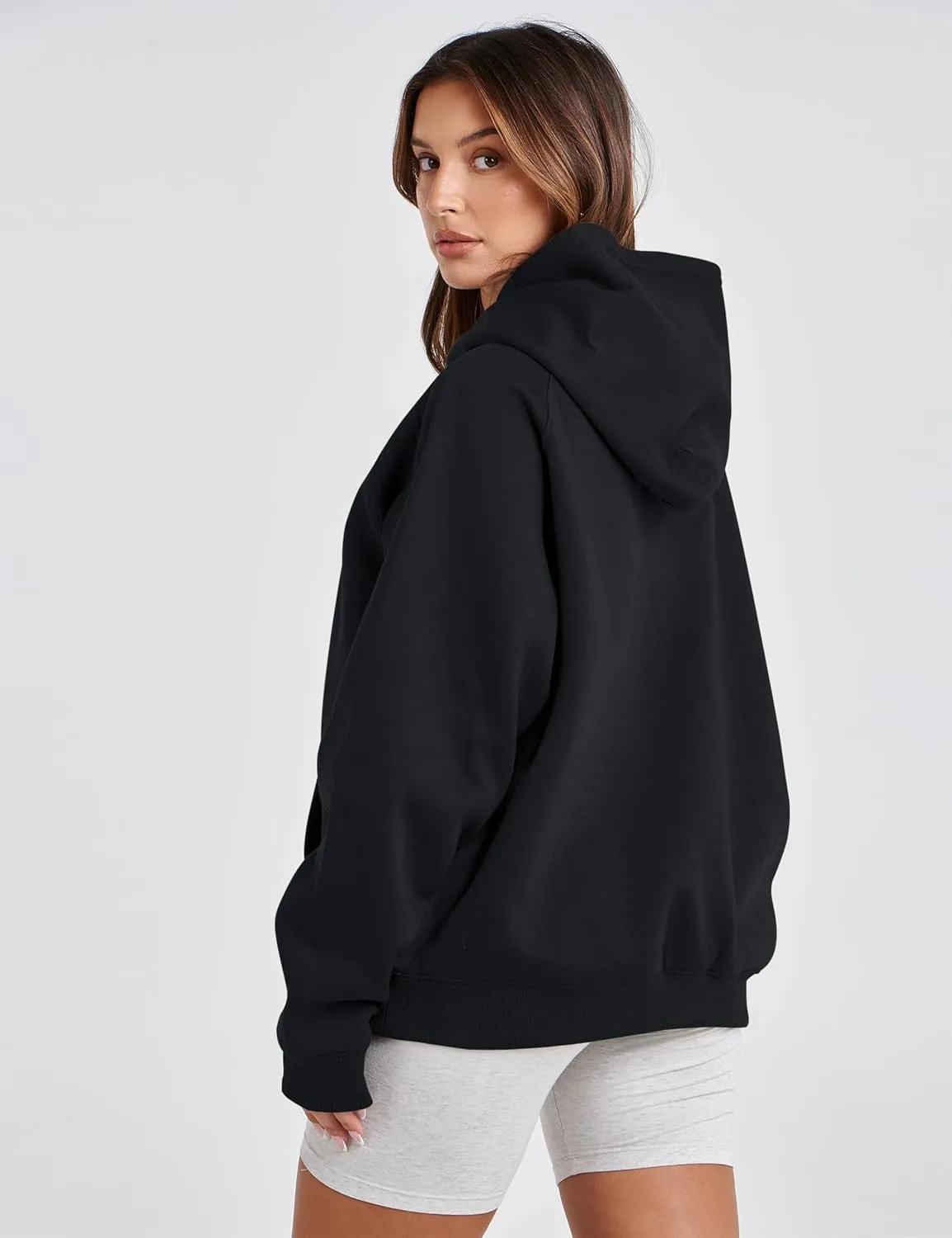 Lauweion Women Solid Basic Fleece Letter Loose Hoodie Sweatshirt Long Sleeve Kangaroo Pocket Drop Shoulder Pullovers Top
