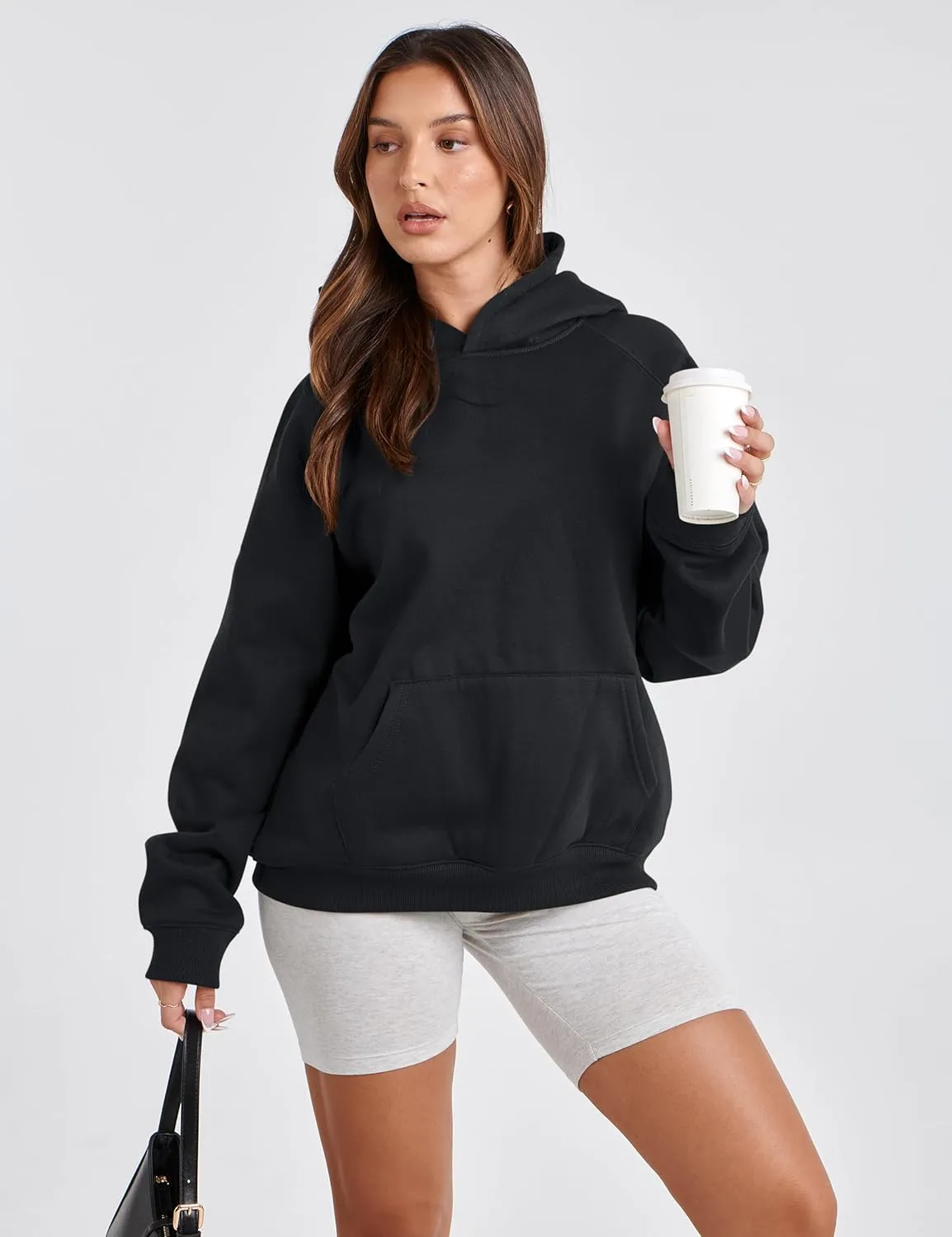 Lauweion Women Solid Basic Fleece Letter Loose Hoodie Sweatshirt Long Sleeve Kangaroo Pocket Drop Shoulder Pullovers Top