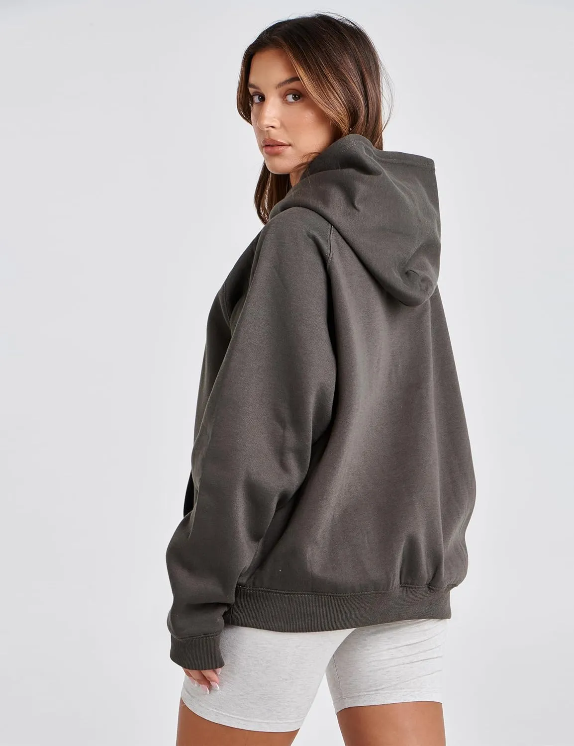 Lauweion Women Solid Basic Fleece Letter Loose Hoodie Sweatshirt Long Sleeve Kangaroo Pocket Drop Shoulder Pullovers Top