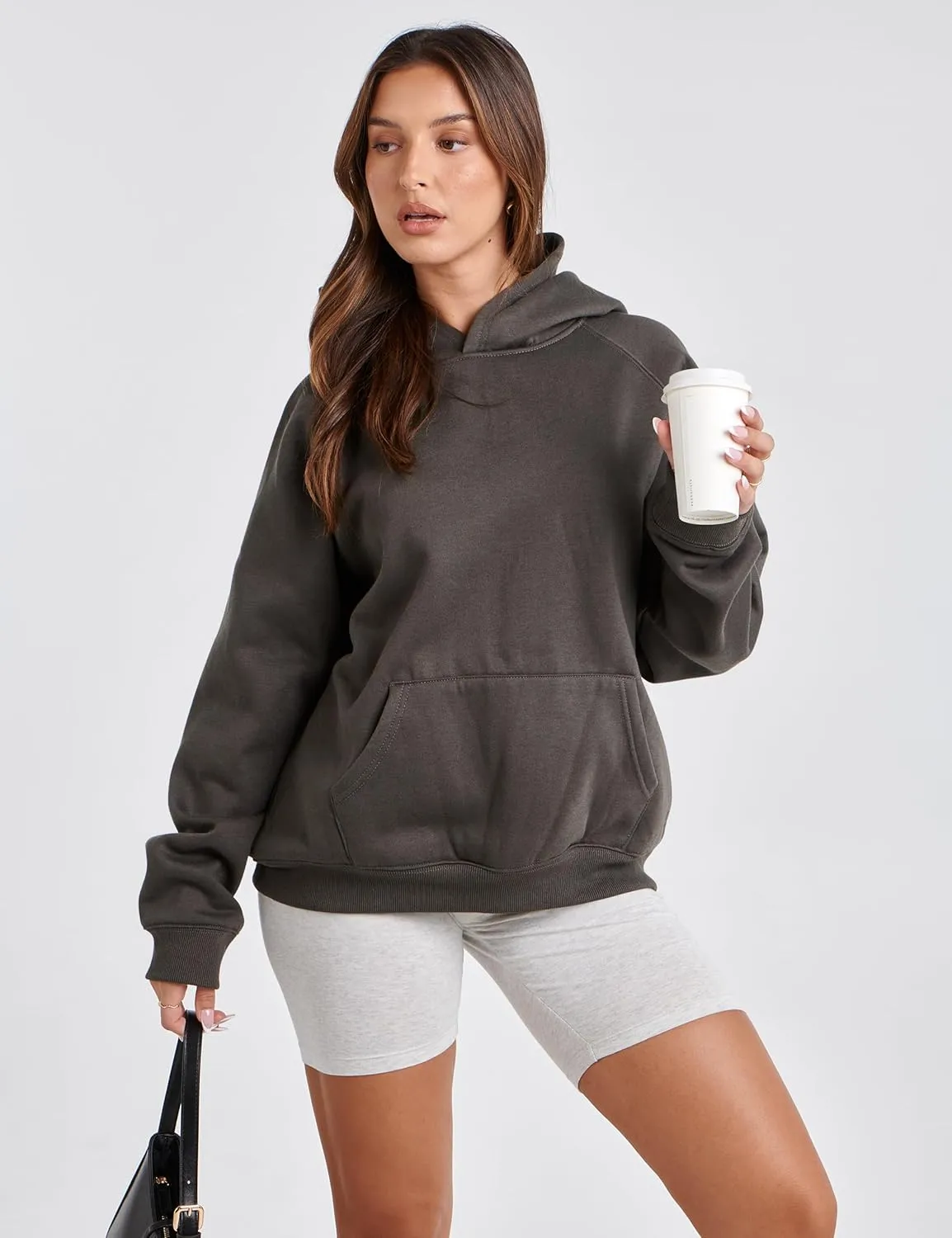 Lauweion Women Solid Basic Fleece Letter Loose Hoodie Sweatshirt Long Sleeve Kangaroo Pocket Drop Shoulder Pullovers Top