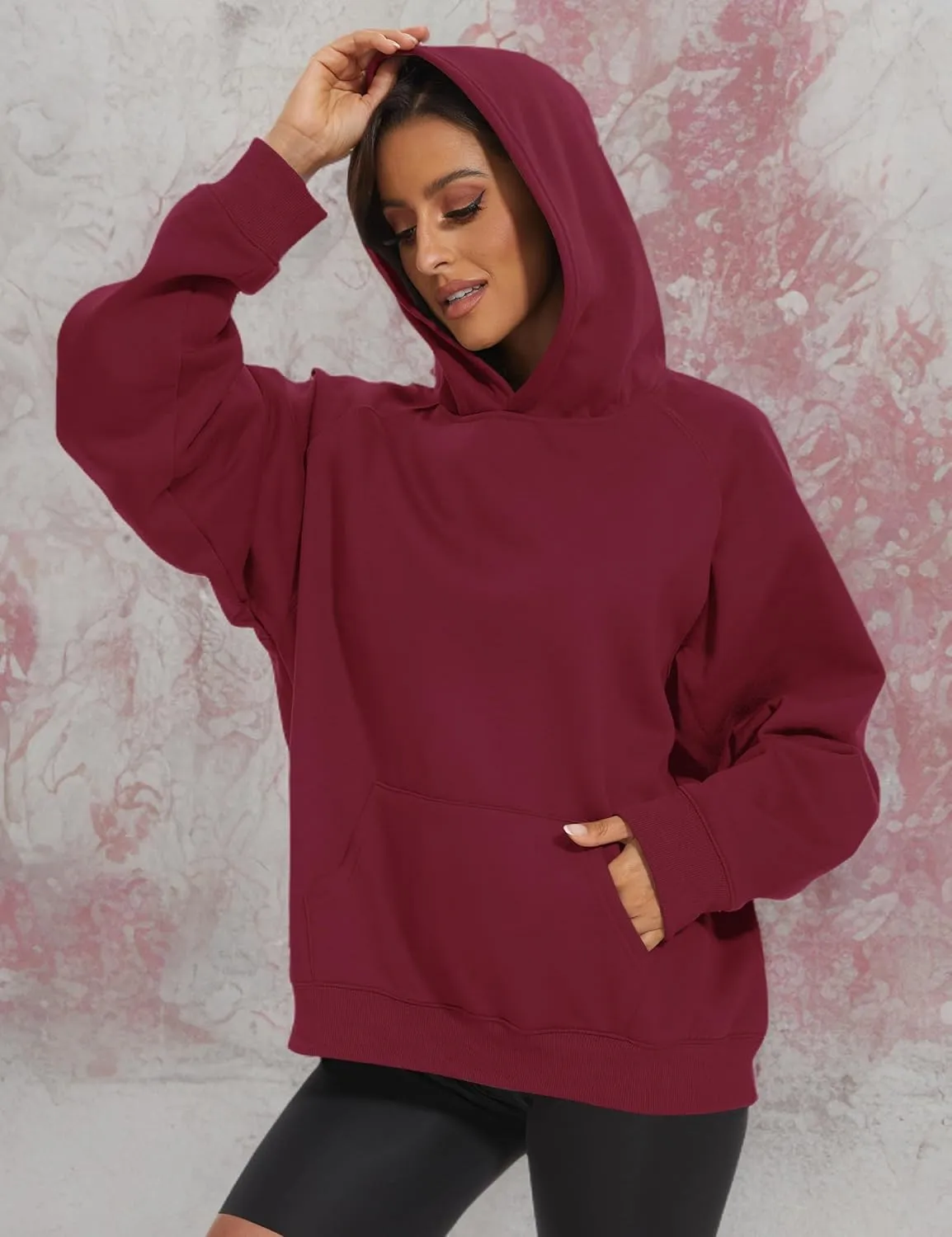 Lauweion Women Solid Basic Fleece Letter Loose Hoodie Sweatshirt Long Sleeve Kangaroo Pocket Drop Shoulder Pullovers Top