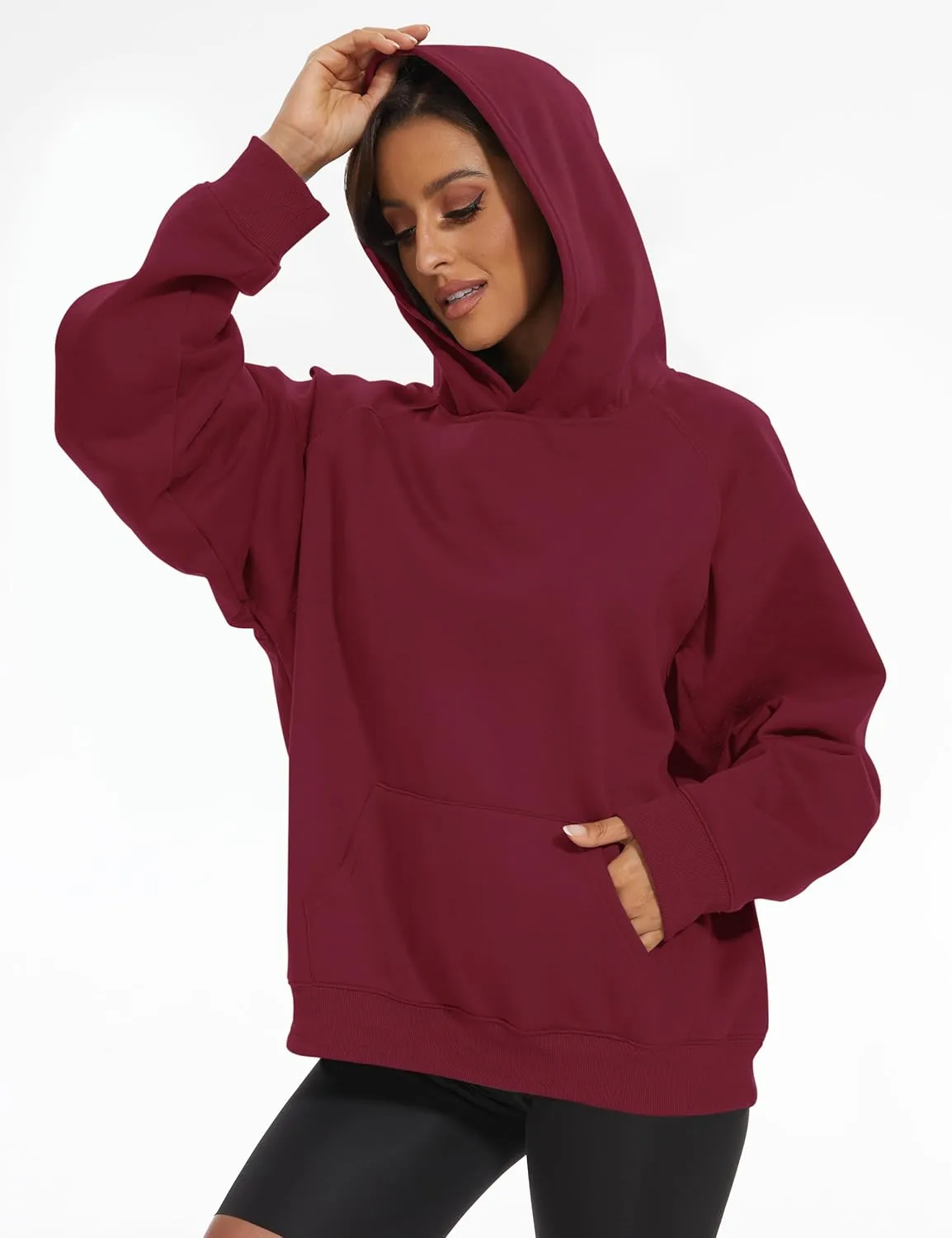Lauweion Women Solid Basic Fleece Letter Loose Hoodie Sweatshirt Long Sleeve Kangaroo Pocket Drop Shoulder Pullovers Top