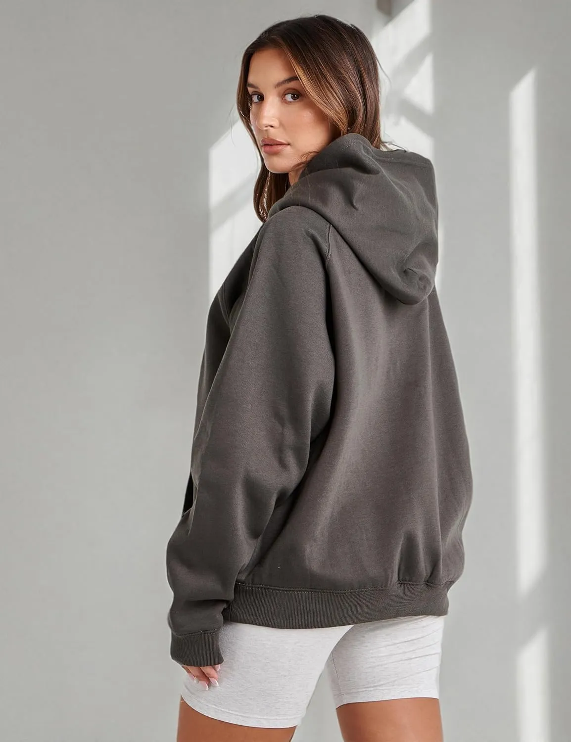Lauweion Women Solid Basic Fleece Letter Loose Hoodie Sweatshirt Long Sleeve Kangaroo Pocket Drop Shoulder Pullovers Top
