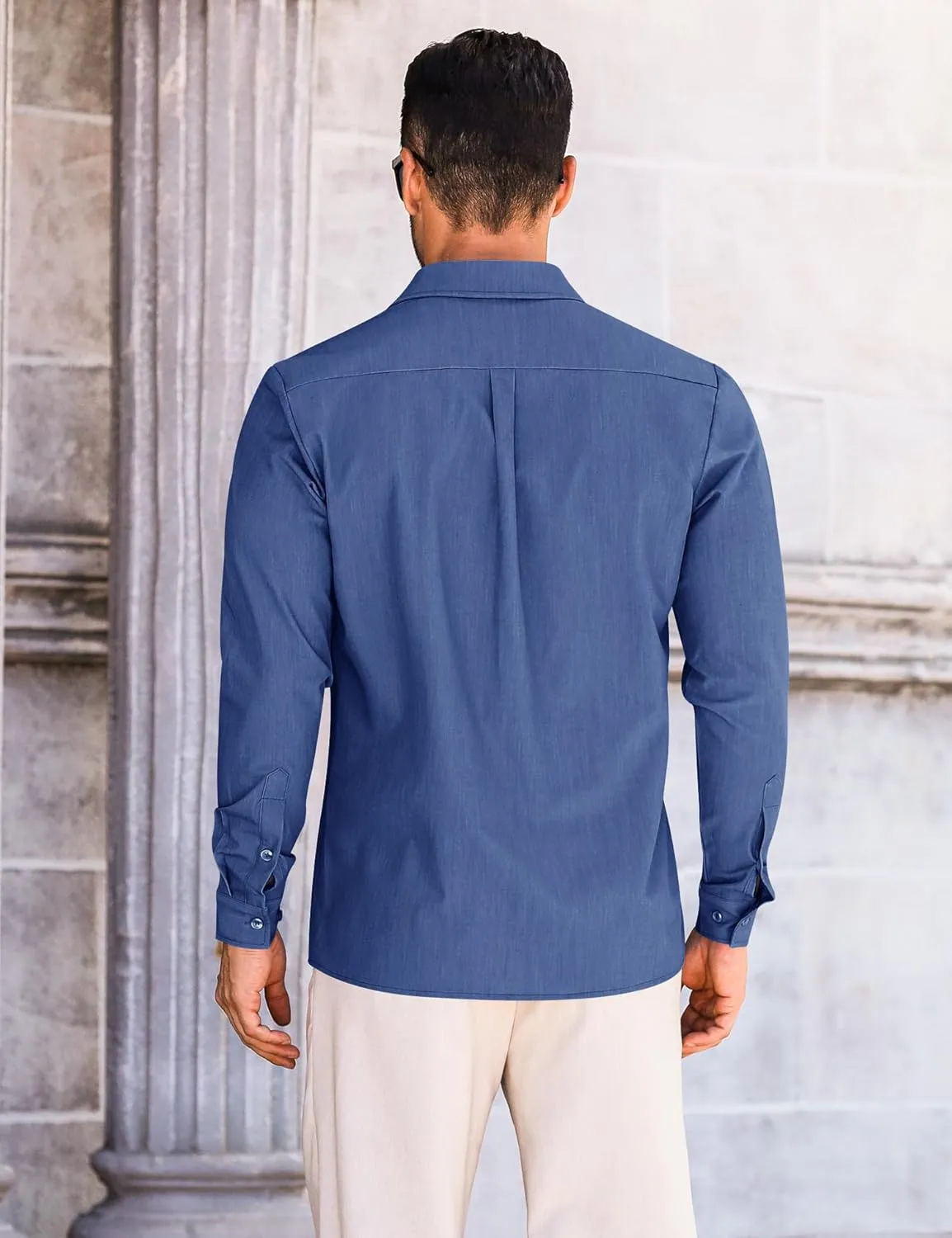 LETSEE Mens Casual Button Down Shirt Untucked Long Sleeve Denim Textured Shirt Strech Wrinkle-Free Dress Shirt