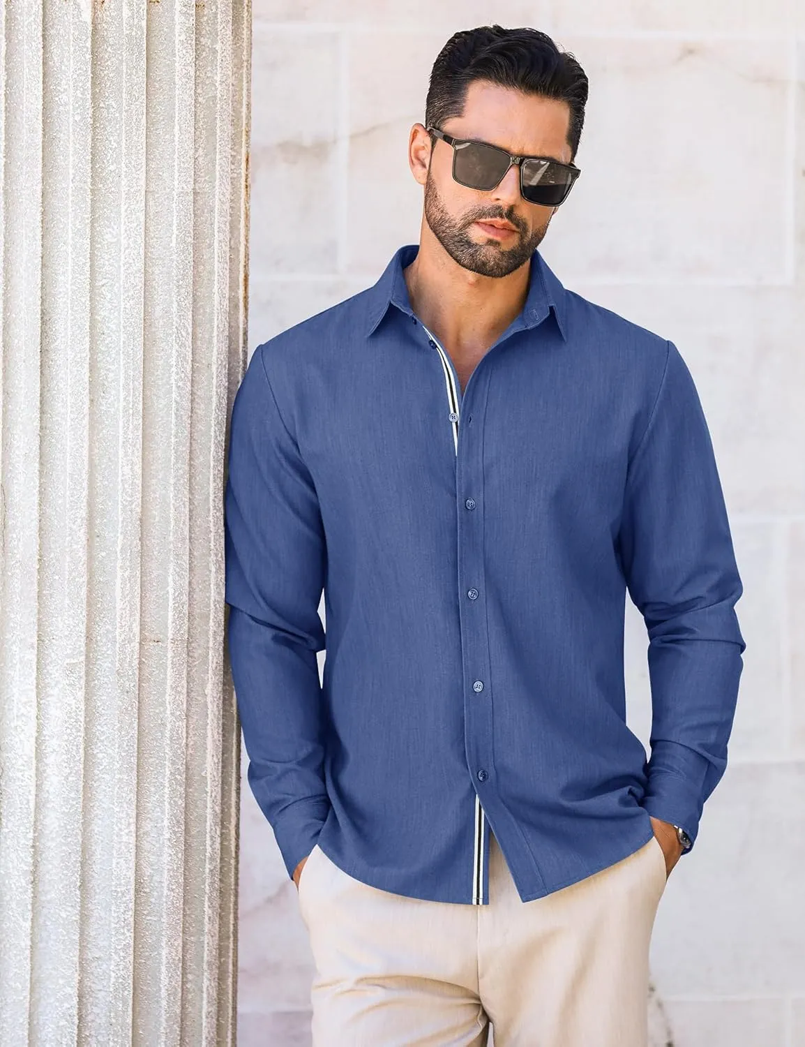 LETSEE Mens Casual Button Down Shirt Untucked Long Sleeve Denim Textured Shirt Strech Wrinkle-Free Dress Shirt
