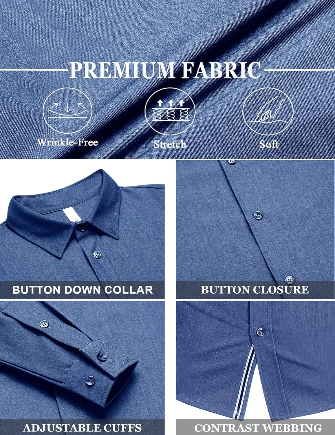 LETSEE Mens Casual Button Down Shirt Untucked Long Sleeve Denim Textured Shirt Strech Wrinkle-Free Dress Shirt
