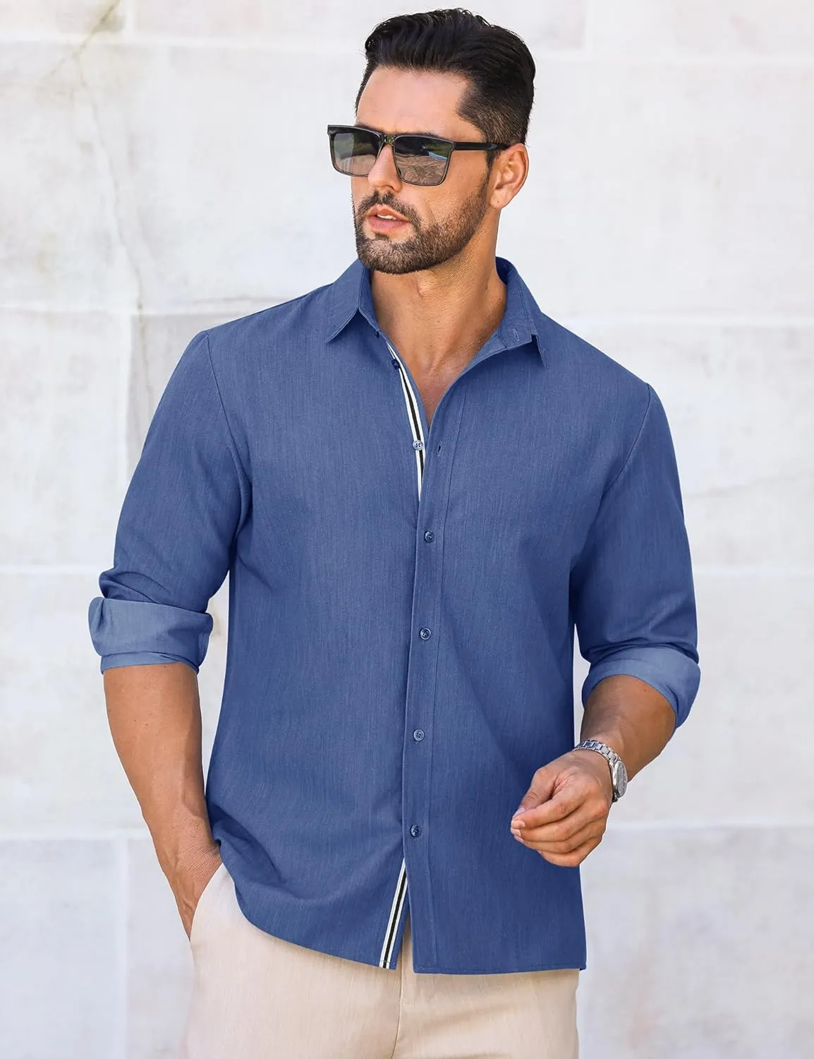 LETSEE Mens Casual Button Down Shirt Untucked Long Sleeve Denim Textured Shirt Strech Wrinkle-Free Dress Shirt