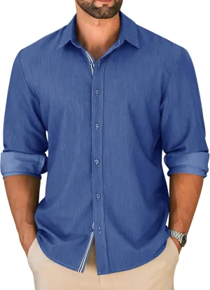 LETSEE Mens Casual Button Down Shirt Untucked Long Sleeve Denim Textured Shirt Strech Wrinkle-Free Dress Shirt