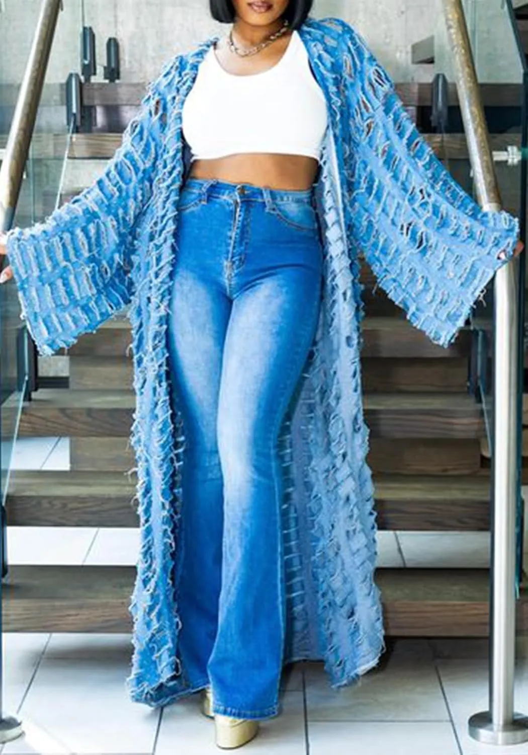LETSVDO Women's Ripped Denim Duster Kimono Cardigan Oversized Distressed Hollow Out Open Front Long Jean Jacket Coat
