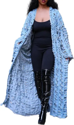 LETSVDO Women's Ripped Denim Duster Kimono Cardigan Oversized Distressed Hollow Out Open Front Long Jean Jacket Coat