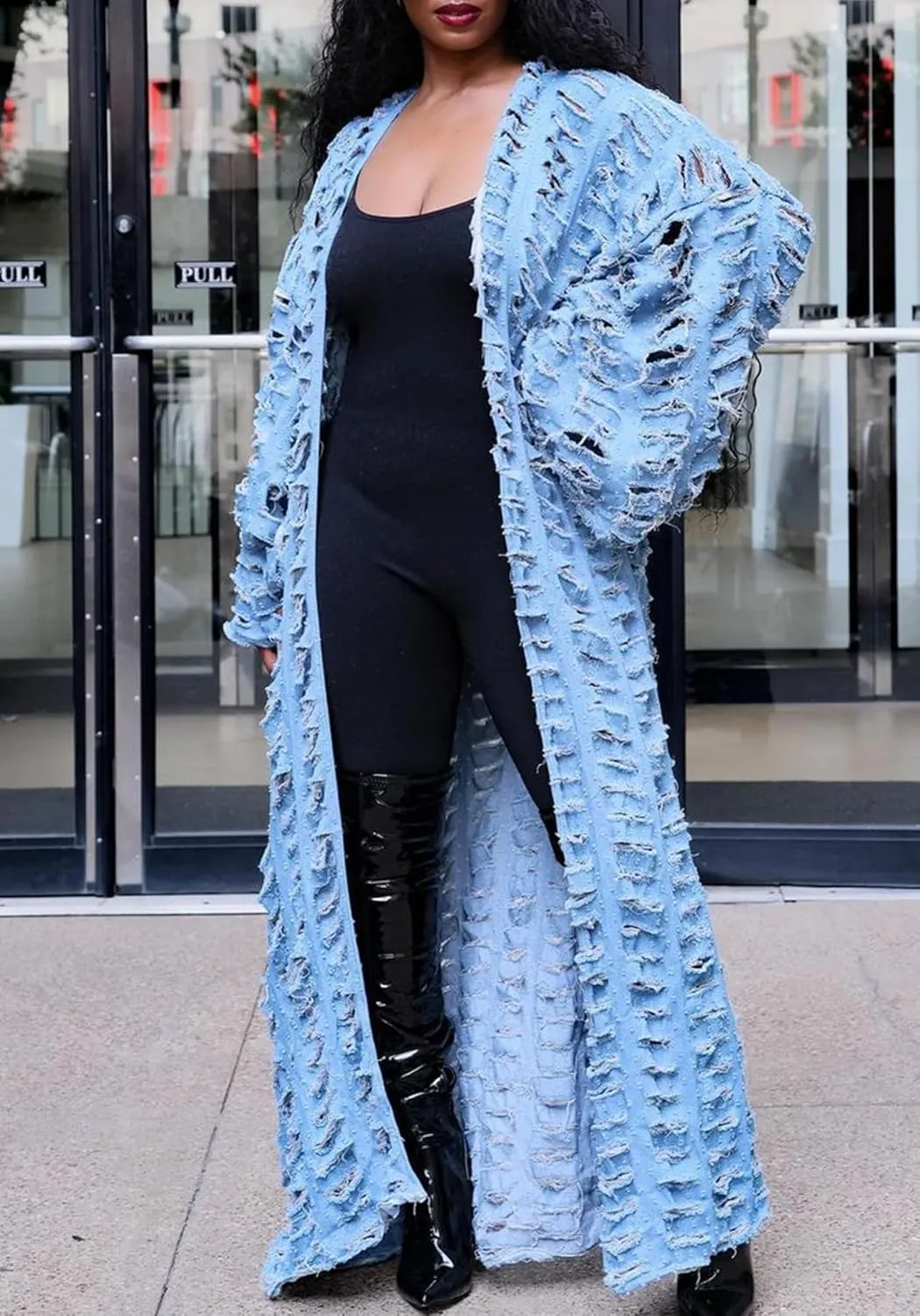 LETSVDO Women's Ripped Denim Duster Kimono Cardigan Oversized Distressed Hollow Out Open Front Long Jean Jacket Coat