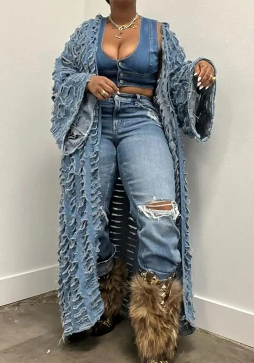 LETSVDO Women's Ripped Denim Duster Kimono Cardigan Oversized Distressed Hollow Out Open Front Long Jean Jacket Coat