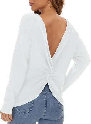 LILBETTER Women's Long Sleeve Loose Criss Cross Twisted Back Pullover Knit Jumper Sweaters