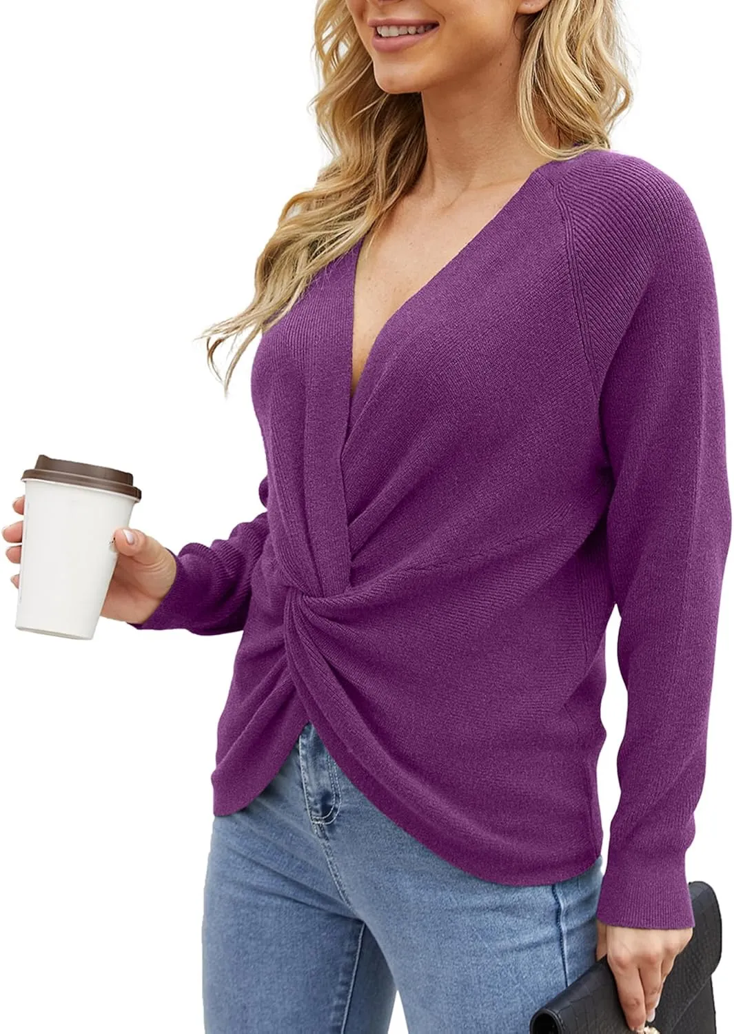 LILBETTER Women's Long Sleeve Loose Criss Cross Twisted Back Pullover Knit Jumper Sweaters
