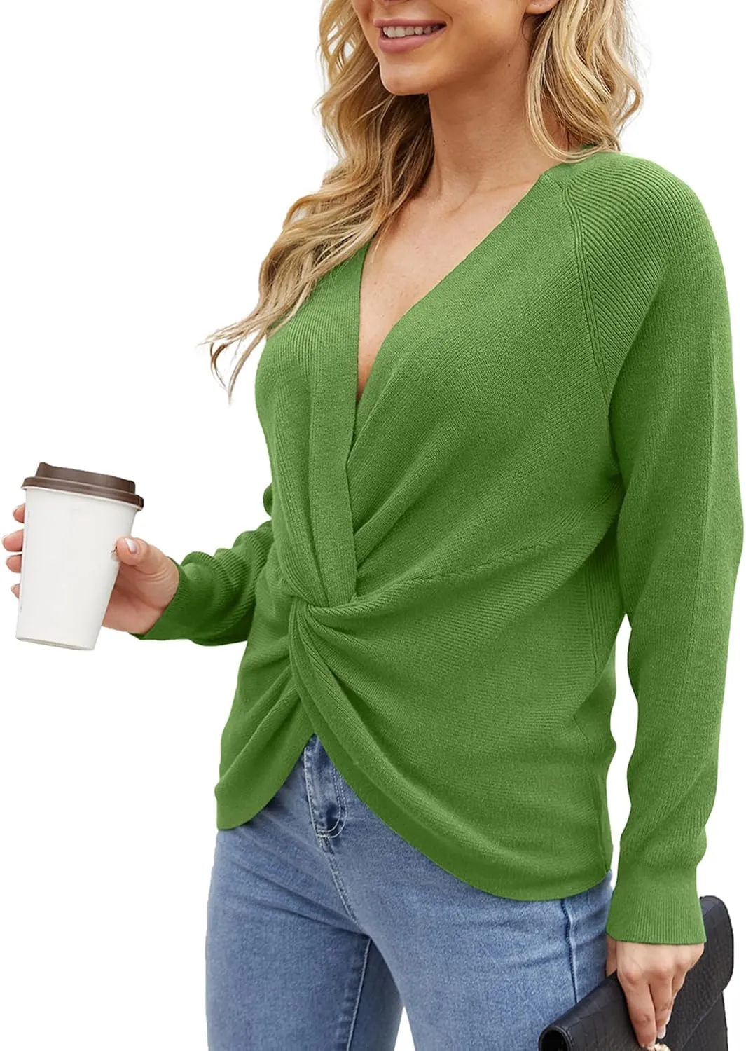 LILBETTER Women's Long Sleeve Loose Criss Cross Twisted Back Pullover Knit Jumper Sweaters
