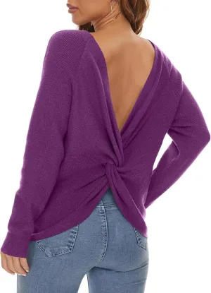 LILBETTER Women's Long Sleeve Loose Criss Cross Twisted Back Pullover Knit Jumper Sweaters