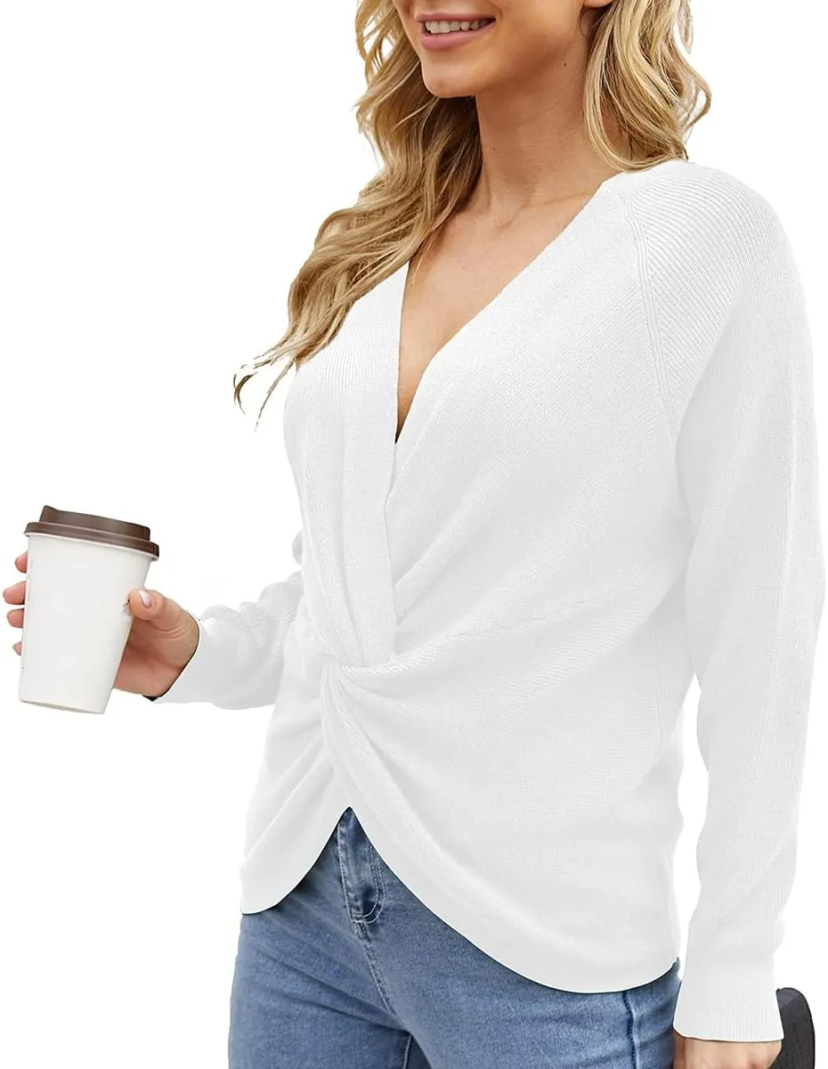 LILBETTER Women's Long Sleeve Loose Criss Cross Twisted Back Pullover Knit Jumper Sweaters