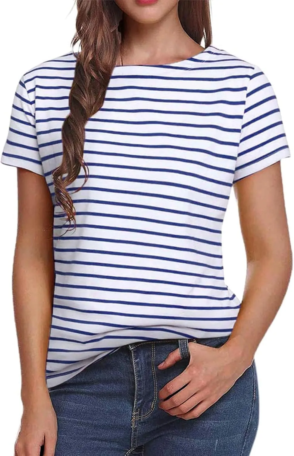 LilyCoco Women's Short Sleeve Striped Shirt Summer Crewneck T Shirt Basic Tops