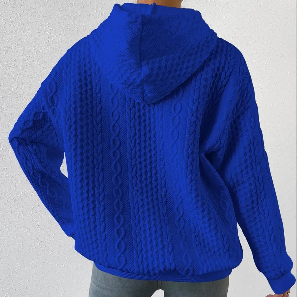 LOFAAC Women Oversized Fleece Cable Knit Hoodies Sweatshirt Casual Long Sleeve Drop Shoulder Textured Pullover Sweater