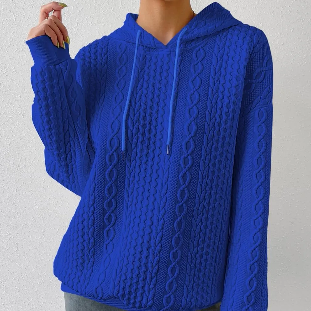 LOFAAC Women Oversized Fleece Cable Knit Hoodies Sweatshirt Casual Long Sleeve Drop Shoulder Textured Pullover Sweater