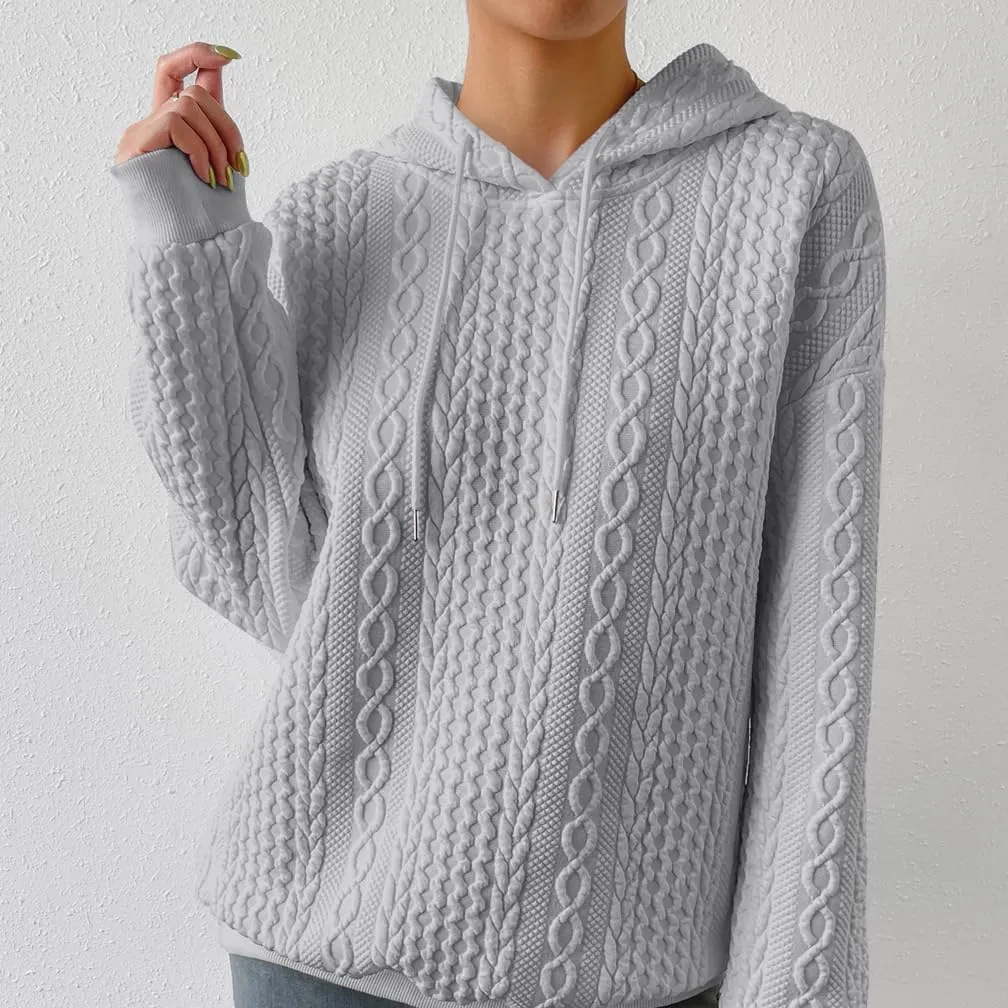 LOFAAC Women Oversized Fleece Cable Knit Hoodies Sweatshirt Casual Long Sleeve Drop Shoulder Textured Pullover Sweater
