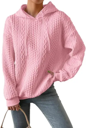 LOFAAC Women Oversized Fleece Cable Knit Hoodies Sweatshirt Casual Long Sleeve Drop Shoulder Textured Pullover Sweater