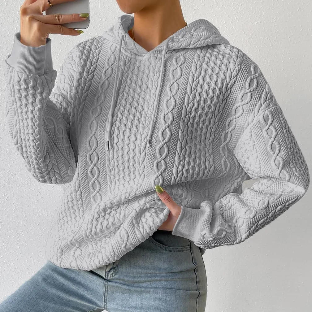 LOFAAC Women Oversized Fleece Cable Knit Hoodies Sweatshirt Casual Long Sleeve Drop Shoulder Textured Pullover Sweater