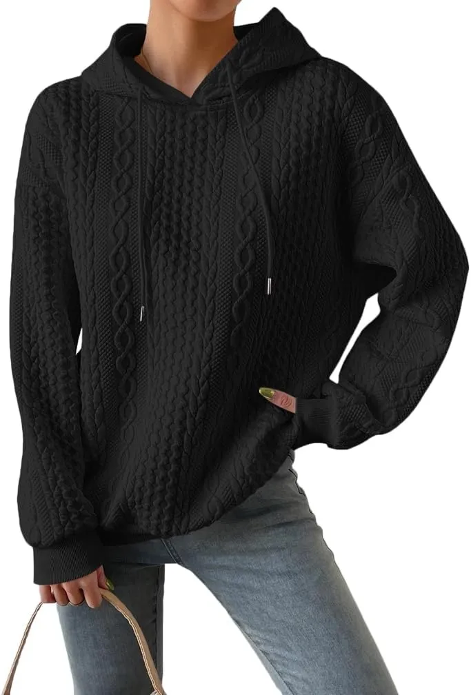 LOFAAC Women Oversized Fleece Cable Knit Hoodies Sweatshirt Casual Long Sleeve Drop Shoulder Textured Pullover Sweater