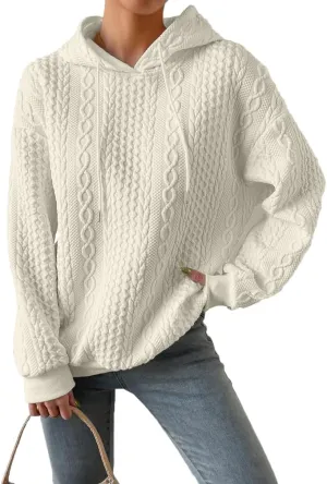 LOFAAC Women Oversized Fleece Cable Knit Hoodies Sweatshirt Casual Long Sleeve Drop Shoulder Textured Pullover Sweater