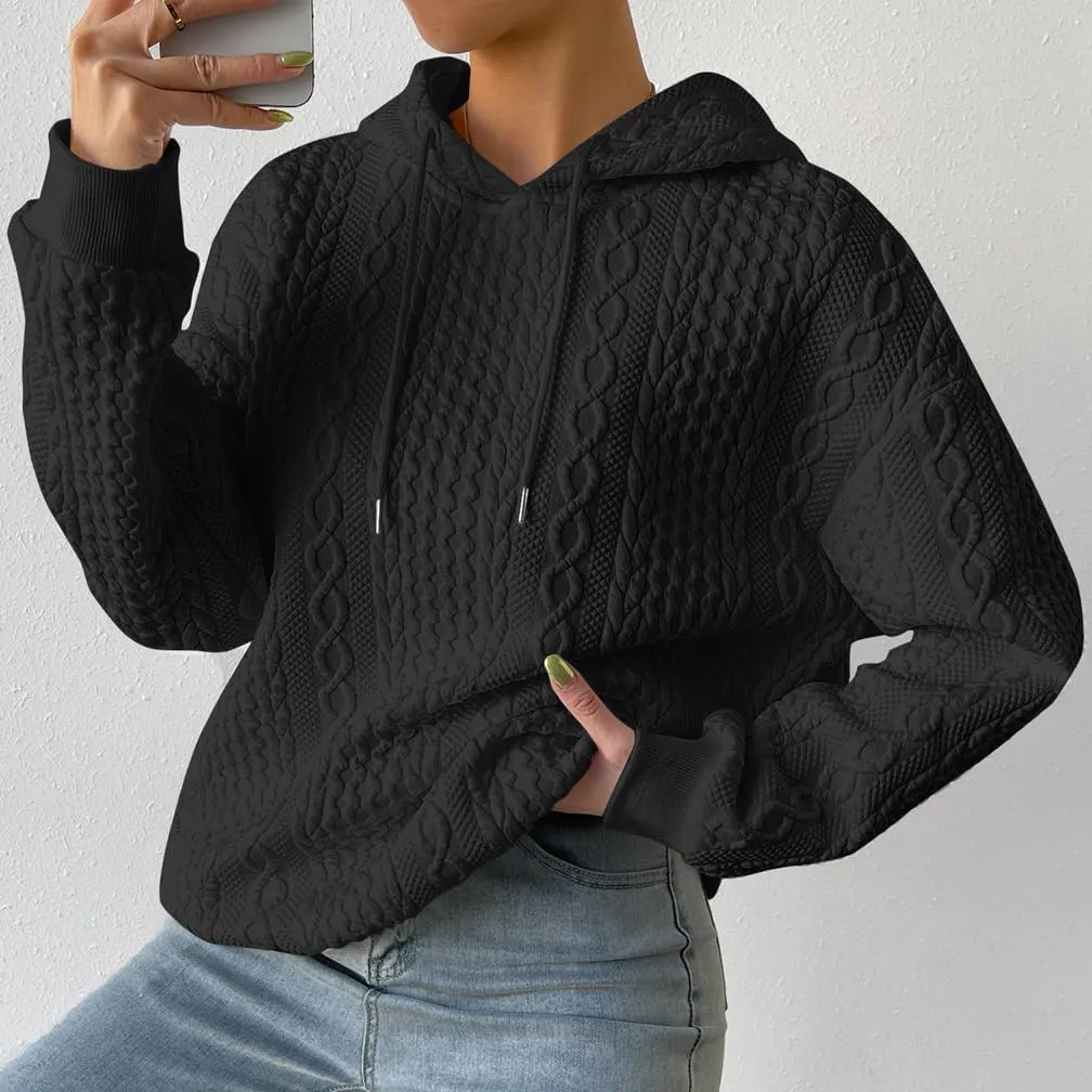 LOFAAC Women Oversized Fleece Cable Knit Hoodies Sweatshirt Casual Long Sleeve Drop Shoulder Textured Pullover Sweater