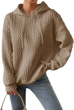LOFAAC Women Oversized Fleece Cable Knit Hoodies Sweatshirt Casual Long Sleeve Drop Shoulder Textured Pullover Sweater