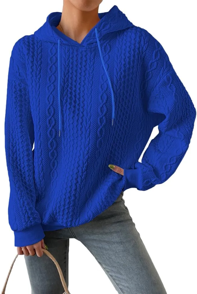LOFAAC Women Oversized Fleece Cable Knit Hoodies Sweatshirt Casual Long Sleeve Drop Shoulder Textured Pullover Sweater