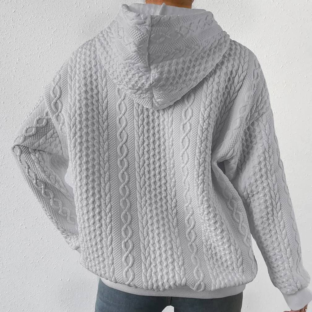 LOFAAC Women Oversized Fleece Cable Knit Hoodies Sweatshirt Casual Long Sleeve Drop Shoulder Textured Pullover Sweater
