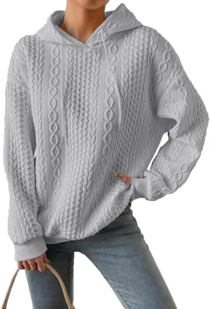 LOFAAC Women Oversized Fleece Cable Knit Hoodies Sweatshirt Casual Long Sleeve Drop Shoulder Textured Pullover Sweater