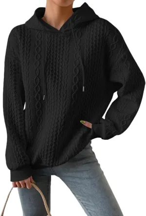 LOFAAC Women Oversized Fleece Cable Knit Hoodies Sweatshirt Casual Long Sleeve Drop Shoulder Textured Pullover Sweater