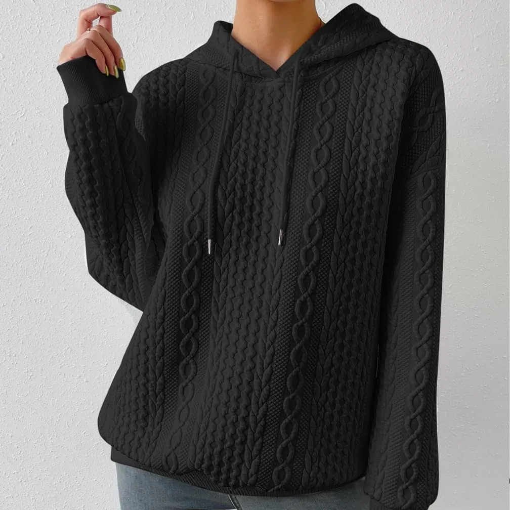 LOFAAC Women Oversized Fleece Cable Knit Hoodies Sweatshirt Casual Long Sleeve Drop Shoulder Textured Pullover Sweater