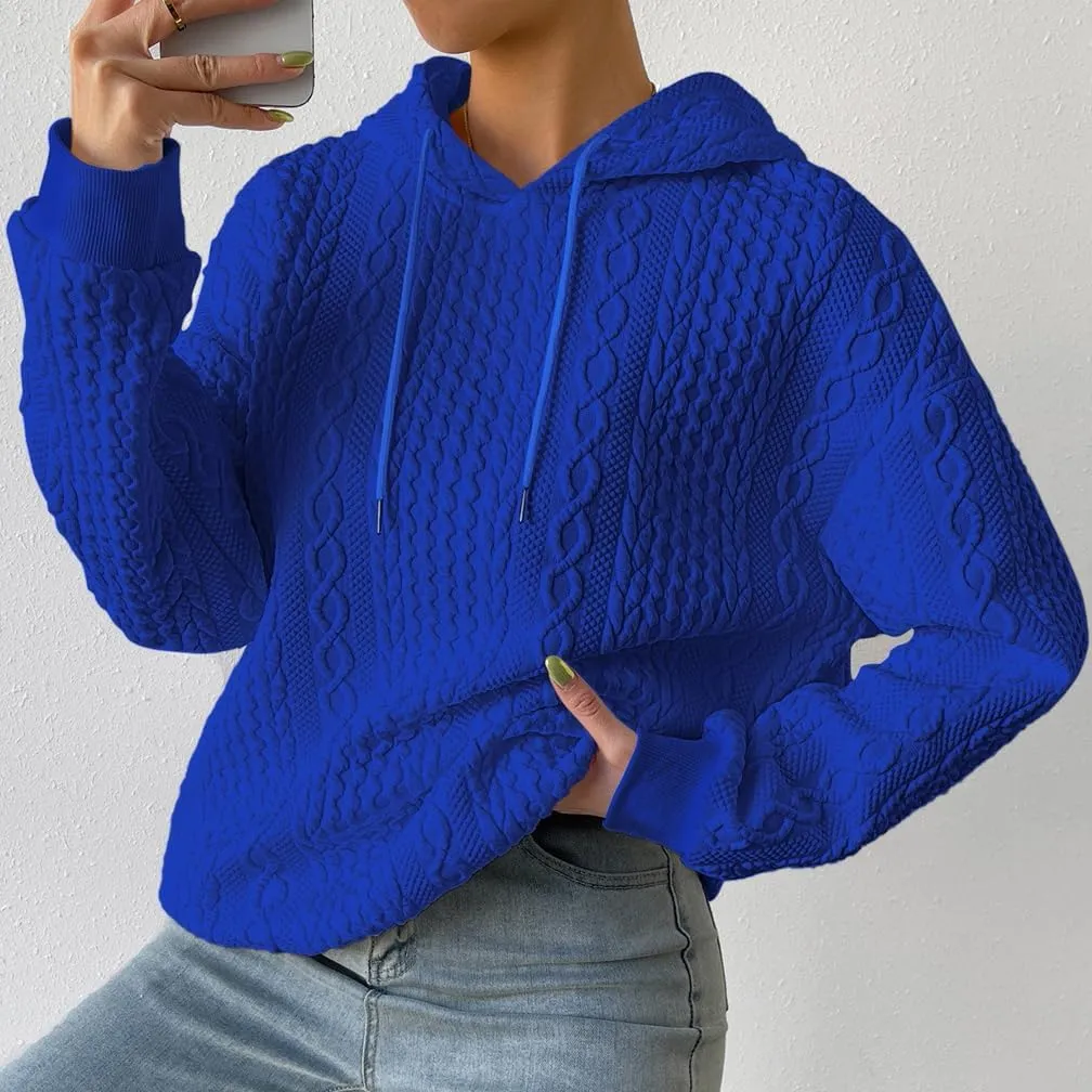 LOFAAC Women Oversized Fleece Cable Knit Hoodies Sweatshirt Casual Long Sleeve Drop Shoulder Textured Pullover Sweater