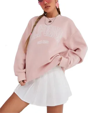 LOFAAC Women Oversized Fleece California Letter Graphic Print Sweatshirt Aesthetic Crew Neck Long Sleeve Pullover Jumper