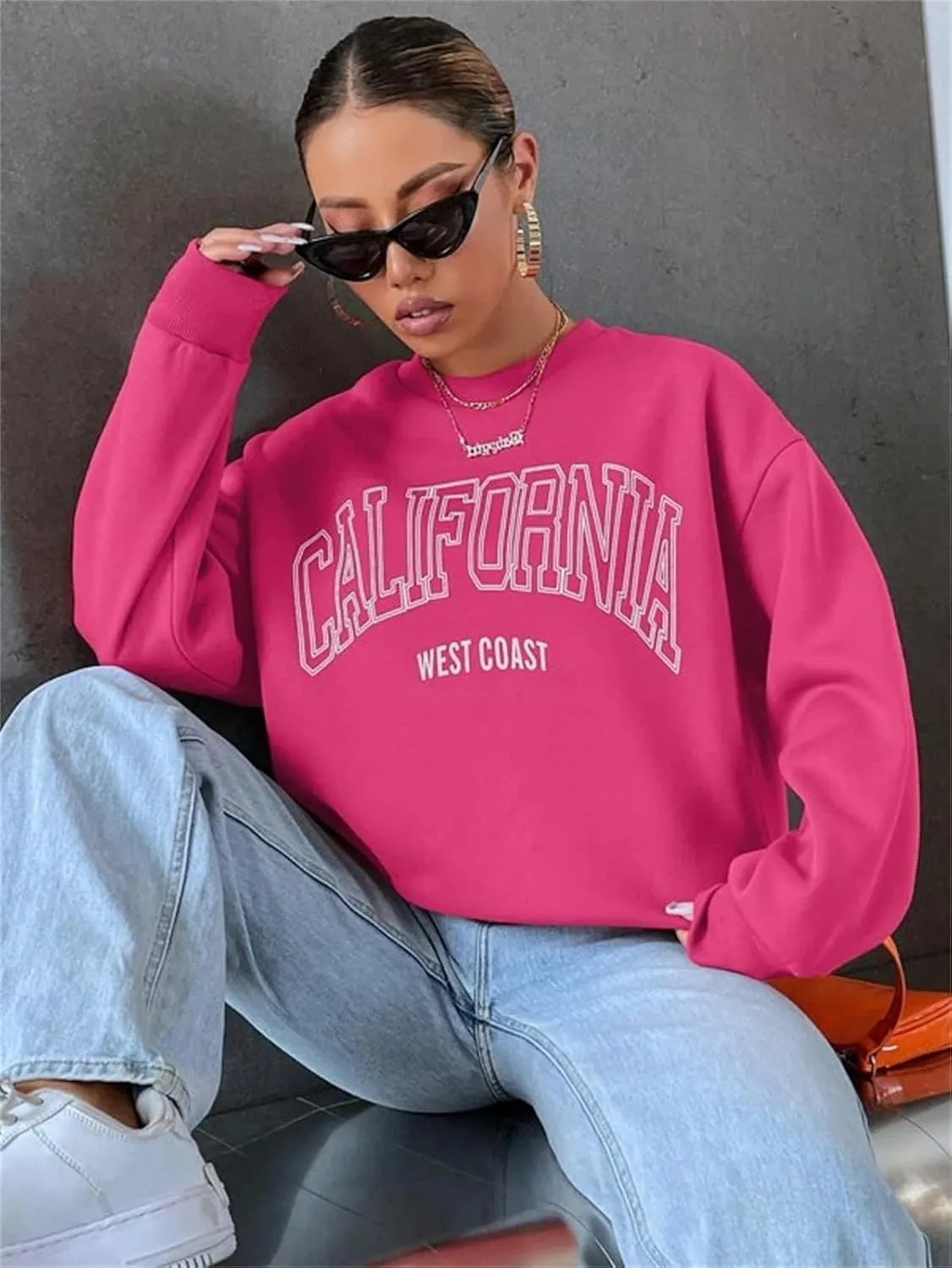 LOFAAC Women Oversized Fleece California Letter Graphic Print Sweatshirt Aesthetic Crew Neck Long Sleeve Pullover Jumper