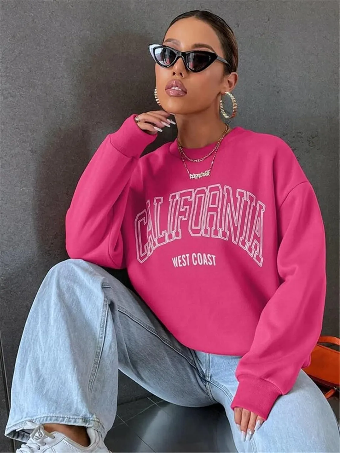 LOFAAC Women Oversized Fleece California Letter Graphic Print Sweatshirt Aesthetic Crew Neck Long Sleeve Pullover Jumper