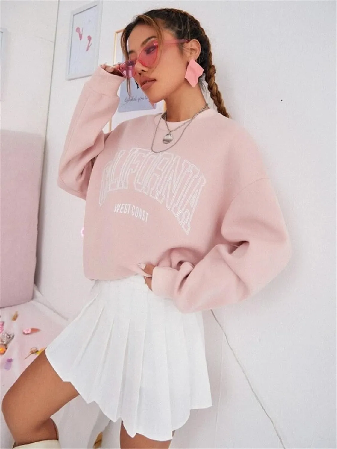 LOFAAC Women Oversized Fleece California Letter Graphic Print Sweatshirt Aesthetic Crew Neck Long Sleeve Pullover Jumper