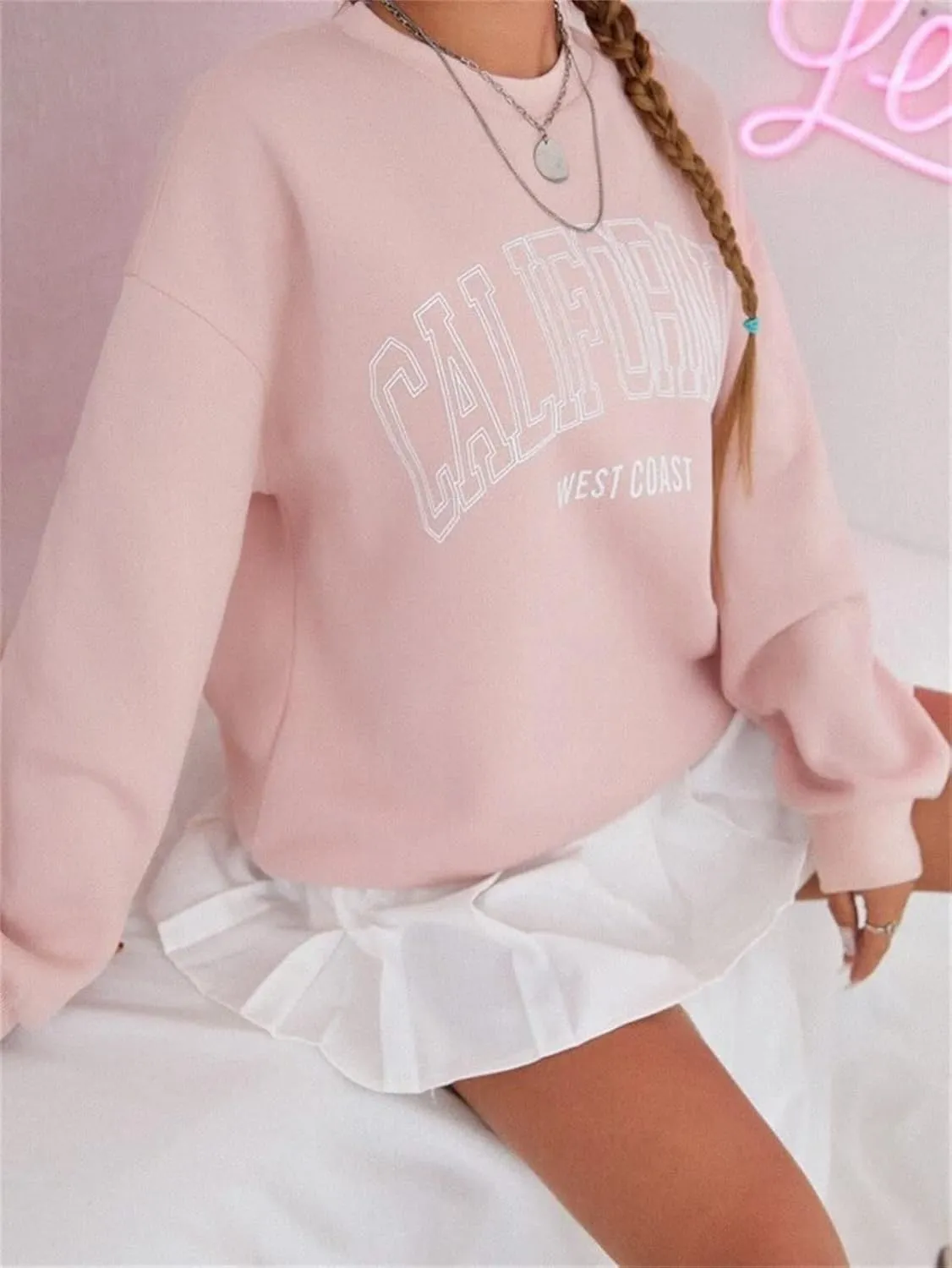 LOFAAC Women Oversized Fleece California Letter Graphic Print Sweatshirt Aesthetic Crew Neck Long Sleeve Pullover Jumper
