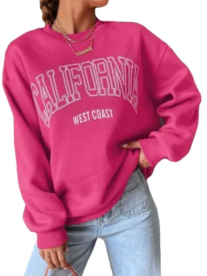 LOFAAC Women Oversized Fleece California Letter Graphic Print Sweatshirt Aesthetic Crew Neck Long Sleeve Pullover Jumper