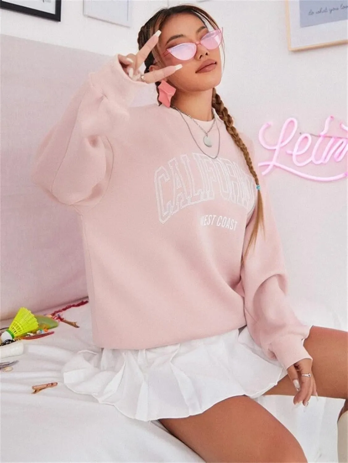 LOFAAC Women Oversized Fleece California Letter Graphic Print Sweatshirt Aesthetic Crew Neck Long Sleeve Pullover Jumper