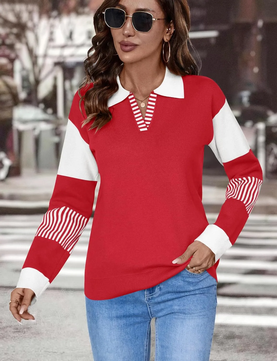 LOMON V Neck Long Sleeve Loose Sweaters Color Block Striped Knitted Pullover Jumper Tops